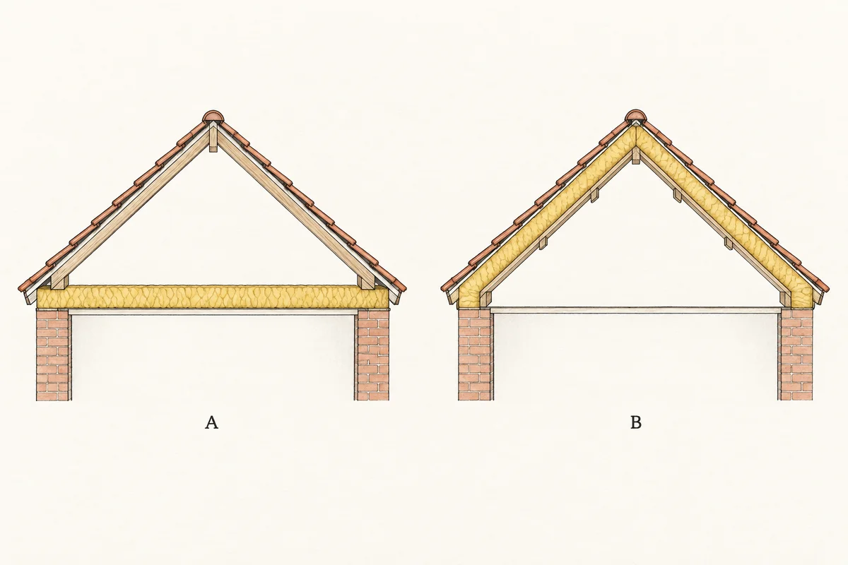 Two schematic pitched roofs: A has insulation across the horizontal ceiling; B has insulation following the slopes above the rafters, with no insulation at its base.